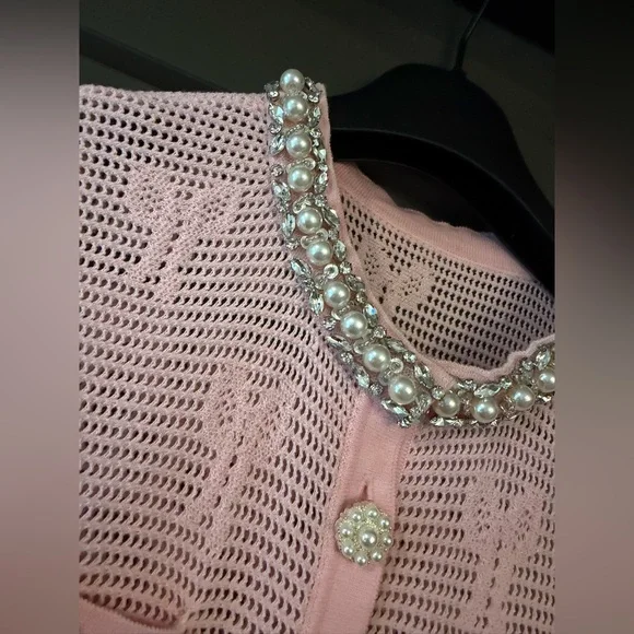 Self Portrait Pink Bow Crystal & Pearl Short-Sleeve Crochet Dress size Small - Picture 7 of 9